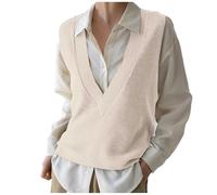 Foweknow Pullunder Damen Ärmellos V-Ausschnitt Strickweste Pullover Einfarbig Strickpullover Casual Strickpulli Damen Herbst Winterpullover Sleeveless Elegant Sweater Business Freizeit Vest