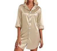 Foweknow Satin Nachthemd Damen Kurzarm V Ausschnitt Schlafshirt Elegant Bequem Bademantel Sommer Dünne Leicht Freizeit Morgenmantel Mit Knöpfen Und Taschen Sleepshirt Schlafhemd