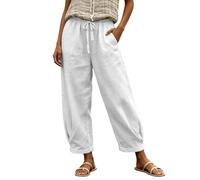 Foweknow Sommerhose Damen Leicht Einfarbig Freizeithose Sommer Casual Baumwolle Leinen Stoffhose Stretch Straight Leg High Waist Linen Pants Mit Taschen Lockere Luftig Musselin Hose