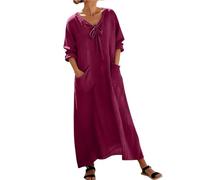 Foweknow Sommerkleid Damen Lang Langarm Musselin Maxikleid Einfarbiges Locker Geschnittenes Kleid Aus Baumwoll Leinen V-Ausschnitt Sommer Leinenkleid Casual Freizeitkleid Boho Strandkleider