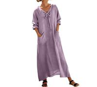 Foweknow Sommerkleid Damen Lang Langarm Musselin Maxikleid Einfarbiges Locker Geschnittenes Kleid Aus Baumwoll Leinen V-Ausschnitt Sommer Leinenkleid Casual Freizeitkleid Boho Strandkleider