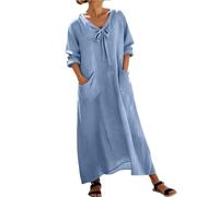 Foweknow Sommerkleid Damen Lang Langarm Musselin Maxikleid Einfarbiges Locker Geschnittenes Kleid Aus Baumwoll Leinen V-Ausschnitt Sommer Leinenkleid Casual Freizeitkleid Boho Strandkleider