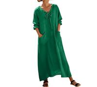 Foweknow Sommerkleid Damen Lang Langarm Musselin Maxikleid Einfarbiges Locker Geschnittenes Kleid Aus Baumwoll Leinen V-Ausschnitt Sommer Leinenkleid Casual Freizeitkleid Boho Strandkleider