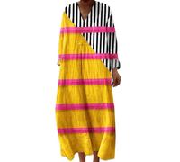 Foweknow Sommerkleid Damen Leinen Strandkleid Lang Maxikleider V Ausschnitt Sommerkleider Leicht Und Luftig Boho Kleid Elegante Midikleid Langes Freizeitkleid Vintage Blumendruck Kleidung
