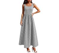 Foweknow Sommerkleid Damen Leinenkleid Elegant Kariertes Maxikleid Ärmellos Sommerkleider Leicht Und Luftig Strandkleid Boho Kleider Mit V-Ausschnitt A-Linie Musselin Kleid Trägerkleid