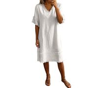 Foweknow Sommerkleid Damen Strandkleid Elegant Einfarbig V Ausschnitt Leinenkleider Lockeres Freizeitkleid Leicht Sommerkleider Baumwolle Leinen Midikleid Casual Musselin Tunika Kleid