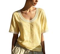 Foweknow Spitzenbesatz Leinenbluse Damen Baumwolle Leinen Musselin Bluse Rundhals Mit Knopfleiste Oberteil Besticktes Stickerei Blumenmuster Boho Blusenshirt Elegant Luftig Leicht Tunika