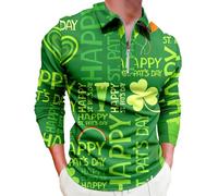 Foweknow St. Patrick's Day Herren T-Shirt Glücksklee St. Patrick's Day Langarmshirt Mit Half Zipper Revers Modische Irische Festlich Karneval Kostüm 3D Druck Freizeitshirt Sportshirt