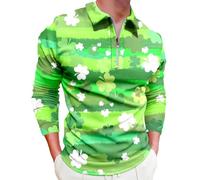 Foweknow St. Patrick's Day Herren T-Shirt Glücksklee St. Patrick's Day Langarmshirt Mit Half Zipper Revers Modische Irische Festlich Karneval Kostüm 3D Druck Freizeitshirt Sportshirt
