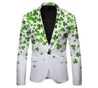 Foweknow St. Patrick's Day Sakko Herren Slim Fit Kleeblatt Glücksbringer Anzugjacke Freizeit Glücksgras-Druck Blazer Für Abschlussball Party Sportlich Smokings EIN-Knopf Sportakko