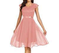 Foweknow Swing Kleid Damen Retro Einfarbiges Partykleid Abendkleid Mit Blumenspitze Cocktailkleid Damen Kurz Elegant A-Linien Kleid Knielang Festliches Ballkleid Business Outfit
