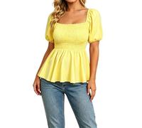 Foweknow Tshirt Damen Bluse Eckiger Ausschnitt Rüschen Kurzarm Tunika Flügelärmel Sexy Elegant Longshirt Sommer Lässige Basic Oberteile Chiffon Casual Business Outfit Longshirt Sommertop