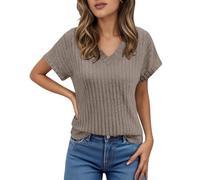 Foweknow Tshirt Damen Leicht Oberteile V Ausschnitt Kurzarm Basic Tunika Elegant Sommer Stricktop Einfarbig Strick Tshirt Casual V-Ausschnitt Strickpullover Leicht Bequeme Locker Pulli Frauen