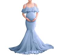 Foweknow Umstandskleid Festlich Stillmode Maternity Dress Elegant Fotoshooting Schulterfreies Chiffonkleid Spaghettiträger Rüschen Ärmel Stillkleidung Sommer Umstandskleidung Für Schwangere