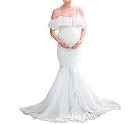 Foweknow Umstandskleid Festlich Stillmode Maternity Dress Elegant Fotoshooting Schulterfreies Chiffonkleid Spaghettiträger Rüschen Ärmel Stillkleidung Sommer Umstandskleidung Für Schwangere