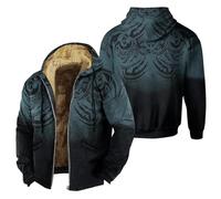 Foweknow Wikinger Kostüm Herren Zip Hoodie Dicker Pullover Sweatjacke 3D-Druck Nordisches Fleece Kapuzenjacke Nordische Mythologie Winterjacke Viking Tattoo Fleecejacke Kapuzenpullover