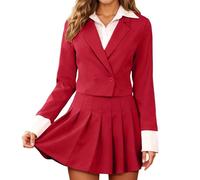 Foweknow Zweiteiler Damen Elegant Freizeitanzug Mit Blazer Und Kurze Faltenrock Langarm V-Ausschnitt Bussinesskleid Zweireihig Revers Anzug Minikleider Slim-Fit Bodycon Damenanzug