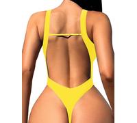 Foxiny Sexy rückenfreier frecher Tanga-Badeanzug mit hohem Beinausschnitt und V-Ausschnitt, einteilig, gelb, XS