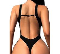 Foxiny Sexy rückenfreier frecher Tanga-Badeanzug mit hohem Beinausschnitt und V-Ausschnitt, einteilig, Schwarz, XL