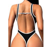 Foxiny Sexy rückenfreier frecher Tanga-Badeanzug mit hohem Beinausschnitt und V-Ausschnitt, einteilig, Schwarz Weiß, S