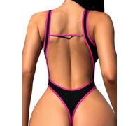 Foxiny Sexy rückenfreier frecher Tanga-Badeanzug mit hohem Beinausschnitt und V-Ausschnitt, einteilig, Schwarz / Hot Pink, XL