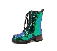 FQMAYPO Damen Glitzer Stiefeletten Rundzehe Chunky Blockabsatz Kurze Stiefeletten Schnür-Boots Winter Outdoor Biker Boots Weite Passform Stiefeletten Bis Zum Wadenbereich,Grün,44 EU