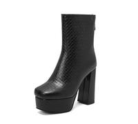 FQMAYPO Damen Plattform Stiefeletten Quadratischer Zehe Modische Lackleder Chelsea Boots Chunky High Heels Reißverschluss Hinten Abendkleid Mittelhohe Absätze wasserdichte,Schwarz,50 EU