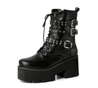 FQMAYPO Damen Schwarze Runde Zehen Ankle Boots Goth Ketten Metall Schnallen Plattform Chunky Blockabsätzen Reißverschluss Punk Motorrad Kampfstiefel, Bequeme Schnürshort Boots,Schwarz,46 EU