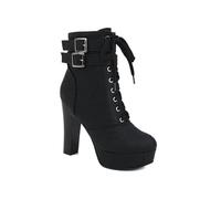 FQMAYPO Damen Stiefeletten Mit Runder Spitze Weitpassform Sexy Plattform Schnürstiefel Goth-Buckle High Heel Combat Boots Modische Chunky Heel Seitenzipper Ritterstiefel Winter,Schwarz,41 EU