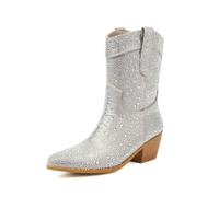FQMAYPO Damen Western Cowboy Stiefel Mit Spitz Strass Pailletten Ankle Boots Pull-On Kurze Stiefel Winter Blockabsatz Chelsea Boots Party Tanzschuhe Weite Passform,Silber,45 EU