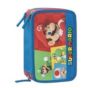 Franco Cosimo Panini Super Mario Federmäppchen für die Schule, offizielles Super Mario Federmäppchen, 3 Fächer, Jungen und Mädchen, mit Schreibwaren-Set, löschbarer Stift in Blau und praktischem
