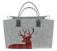 FRANK FLECHTWAREN Filztasche "Hirsch-Karo", hellgrauer Shopper, rot/schwarz kariertes Hirschmotiv, Tragegriffe in Dunkelgrau, Maße: 45 x 20 x 30 cm, GH 47 cm