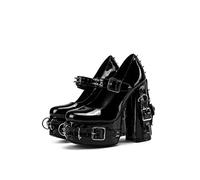 Frankie Hsu Damen Gothic Große Größe Schwarz Lackleder Schnalle Gürtel Ring Nieten Glänzend Sexy Plateau Chunky High Heels Knöchelriemen Absatz Bootie Schuhe, Schwarz, 17