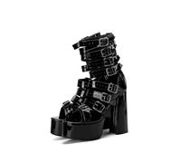 Frankie Hsu Gothic Lolita Damen Große Größe Schnalle Riemen Schwarz Lackleder Plateau Chunky Block High Heels Stiefeletten Schuhe, Schwarz, 41 EU