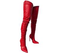 Frankie Hsu Sexy rote Punk-Nieten, Overknee-Stiefel, hoher Absatz, Stiletto, heiß, klassisch, Retro, hoch, breiter Oberschenkel, große Größe, lange Stiefel für Damen und Herren, Schwarz, 41 EU