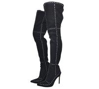 Frankie Hsu Sexy Stiletto-Overknee-Stiefel, schwarz, Kunstleder, gefüttert, Nieten, Hai-Ritter, Oberschenkelhoch, groß, modisch, mit Absatz, lang, hohe Schuhe für Damen und Herren, Schwarz, 40.5 EU