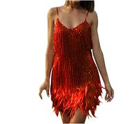 Fransen Kleid Rot Paillettenkleid Damen Quaste lateinisches Tanzkleid Frauen Ballsaal Kleid Ärmellos Pailletten Schwarz Mesh Ärmel für Latein Tango Salsa Tanzkostüm Samba Kleiden