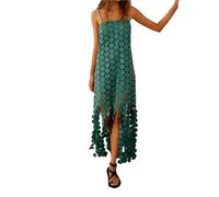 Fransenkleid Damen Fashion Design Hollow Out Round Tassel Dress Ladies Backless Solid Straight Halter Elegant Sleeveless Evening(03 Green,XL)