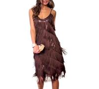 Fransenkleid Damen Lady Solid Slim Summer Dress Temperament High Waist Backless Simple Party Fashion Halter Sleeveless Tassel Mini(Brown,XXXL)