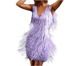 Fransenkleid Damen Tiefer V-Ausschnitt Abendkleid Pailletten Ballkleid Ärmelloses Quaste Minikleid Einfarbig Glitzerkleid Kurzes Kleid Sexy Tanzkleid Club Kleider Partykleid Holiday Dress