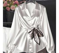 Französische leichte Luxus elegante weiße Satin glänzende Stoff Bluse,Damen Büro Slim Langarm Knopfhemd,Herbst und Winter Universität Herbst Kleidung