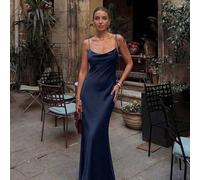 Französisches elegantes glänzendes Satin-Abendkleid in Marineblau, Wasserfall-Ausschnitt, Bindebänder, Spaghetti-Träger, Rückenreißverschluss, offener