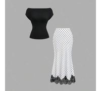 Französisches elegantes lässiges Off-Shoulder figurbetontes Top & Vintage-Polka-Dot-Rock-Set, zarte Spitzenverzierung, verspielter & raffinierter Pend