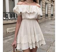 Französisches Spitzenkleid, Off-Shoulder Ausschnitt, beiges strukturiertes Urlaubskleid