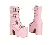 Frau PU Leder Gothic Stiefel Winter Ferse Block Stiefel Punks Plattform Party Schuhe,Rosa,46 EU