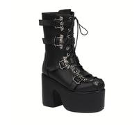 Frau PU Leder Gothic Stiefel Winter Ferse Block Stiefel Punks Plattform Party Schuhe,Schwarz,37 EU