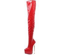 Frauen 22cm Stilettos Oberschenkelhohe Plateaustiefel Gold Metallabsatz Sexy Fetisch High Heels Overknee Party Stiefel Größe 36-46,Rot,40 EU