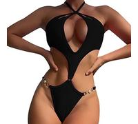 Frauen-Bikini-Badeanzug-Set mit dünnem Band-Hals-hängendem -reizvollem aushöhlendem Badeanzug-Set Badeanzug Ohne Träger Damen (M,Schwarz)