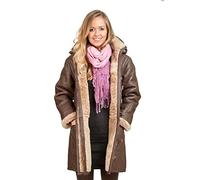 Frauen Braun Lange Winterlich Mit Kapuze Shearling Schaffell Leder Duffle Mantel 2XL