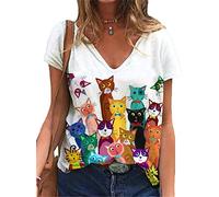 Frauen Bunte Katzen gedruckt T-Shirt Mode lässig V-Ausschnitt Kurzarm 3D Tier Katze Druck Sommer Tops Basic T-Shirts